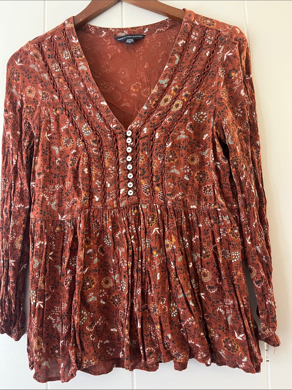 American Eagle Outfitters Rust Floral Button-Front Peasant Top